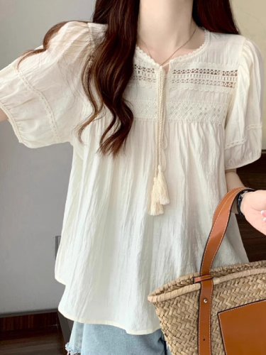 Summer 2024 new style French hollow design lace-up shirt women's thin puff short-sleeved shirt top