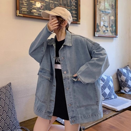 Real shot Korean style BF style loose pocket slim denim jacket for women retro street versatile ins top trendy