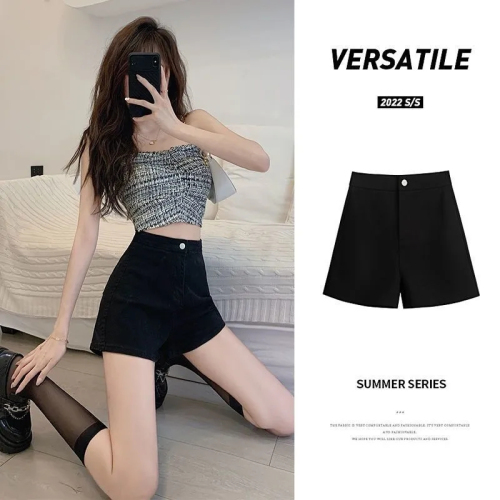 High-waisted black jeans, super shorts, women's summer hot girl A-line pants, thin, tight, stretchy, slim-fitting butt-covering hot pants