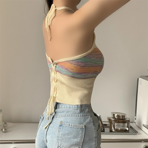 Real shots, no less, new casual striped short backless halter neck knitted camisole sweet hot girl inner top