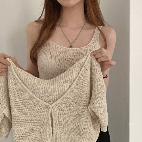 Real price Korean chic versatile camisole layered short-sleeved cardigan knitted two-piece set for women