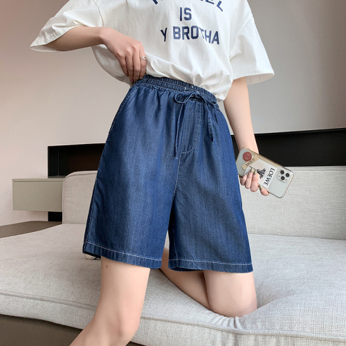 Real shot of Tencel jeans Lyocell thin women's summer loose tight high-waist straight drape five-point wide-leg pants