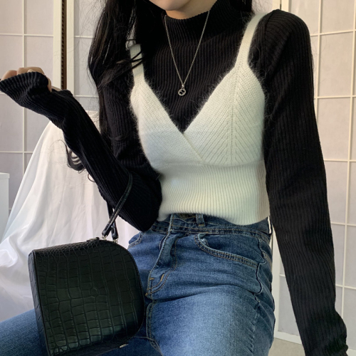 Korean chic layered Western-style knitted lace-up camisole + half turtleneck bottoming sweater two-piece set