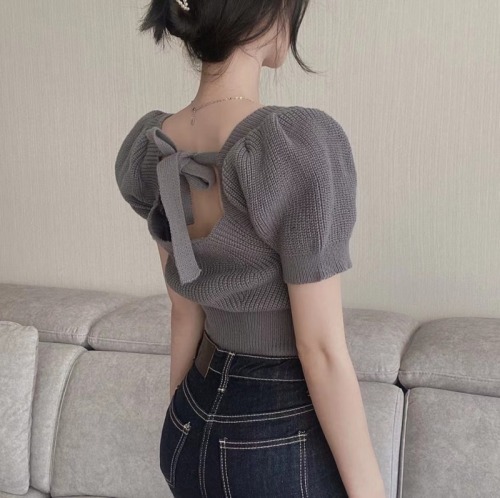 Actual price in stock Korean chic design square neck back strap short-sleeved knitted top for women