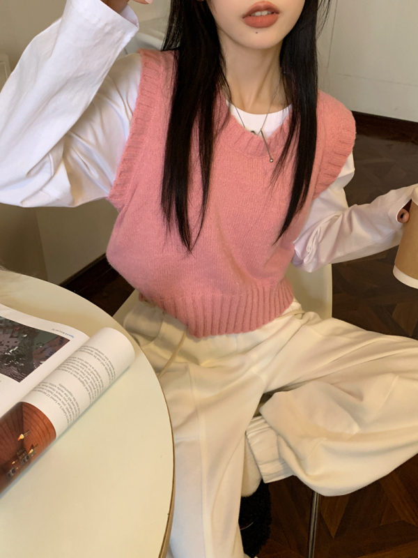 Real shot and real price Spring versatile retro sweater vest solid color layered waistcoat vest top for women