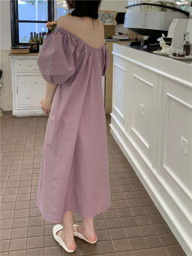 Actual shot~Super loose and lazy style cotton one-shoulder puff-sleeve long dress