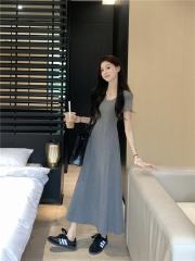 實拍 新款 方領簡約顯瘦長款高級感T恤連衣裙大擺長裙