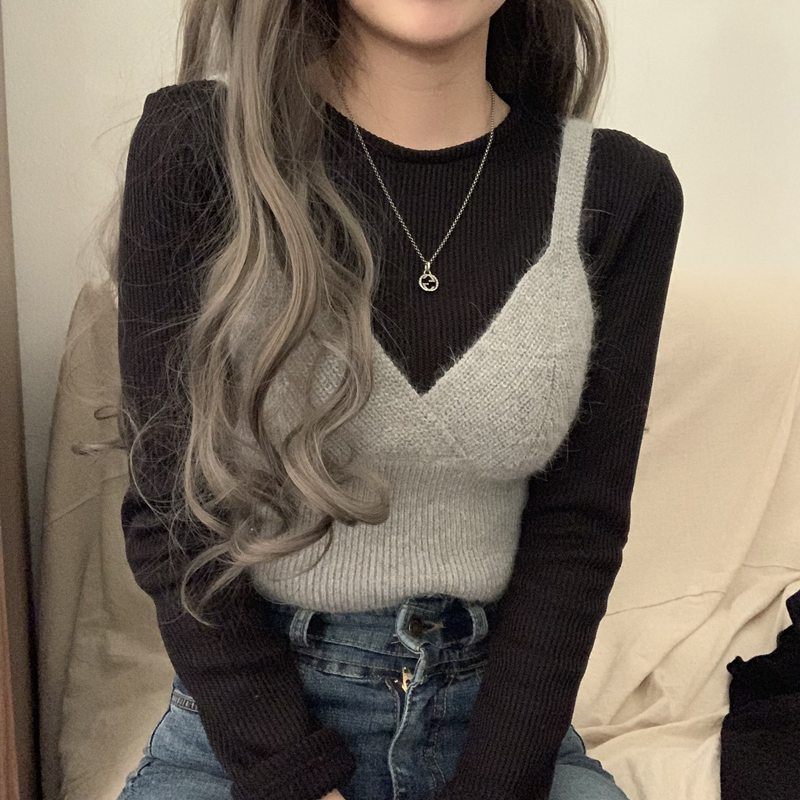 Korean chic layered Western-style knitted lace-up camisole + half turtleneck bottoming sweater two-piece set