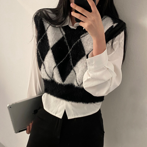 Korean chic autumn new style layered mink sweater vest rhombus contrasting color knitted vest for women