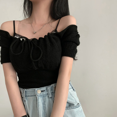 Real price Korean original versatile square neck lace-up two-wear thin knitted short-sleeved top for women