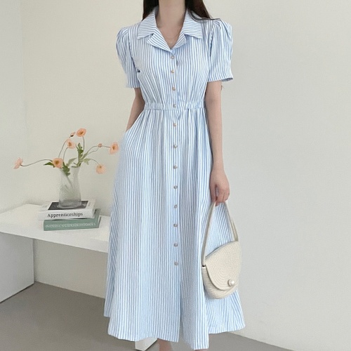 Korean French style single-breasted lapel striped short-sleeved elastic waist puff-sleeved shirt dress