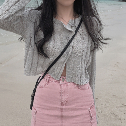 Korean chic design irregular button knitted cardigan long-sleeved thin coat for women