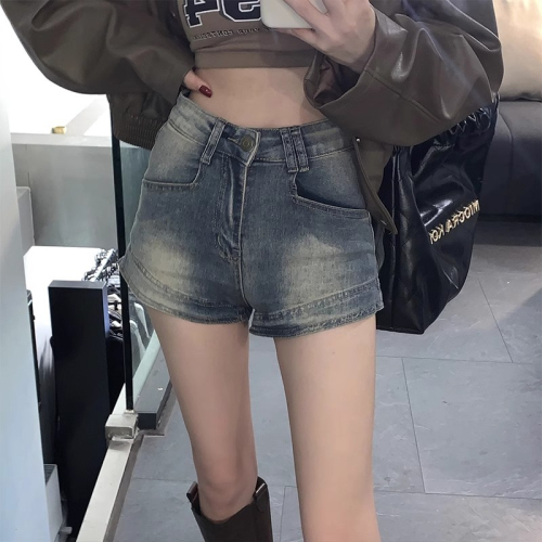 American retro hottie high-waisted denim shorts for women in summer new style washed and distressed slimming versatile hip-covering hot pants trendy