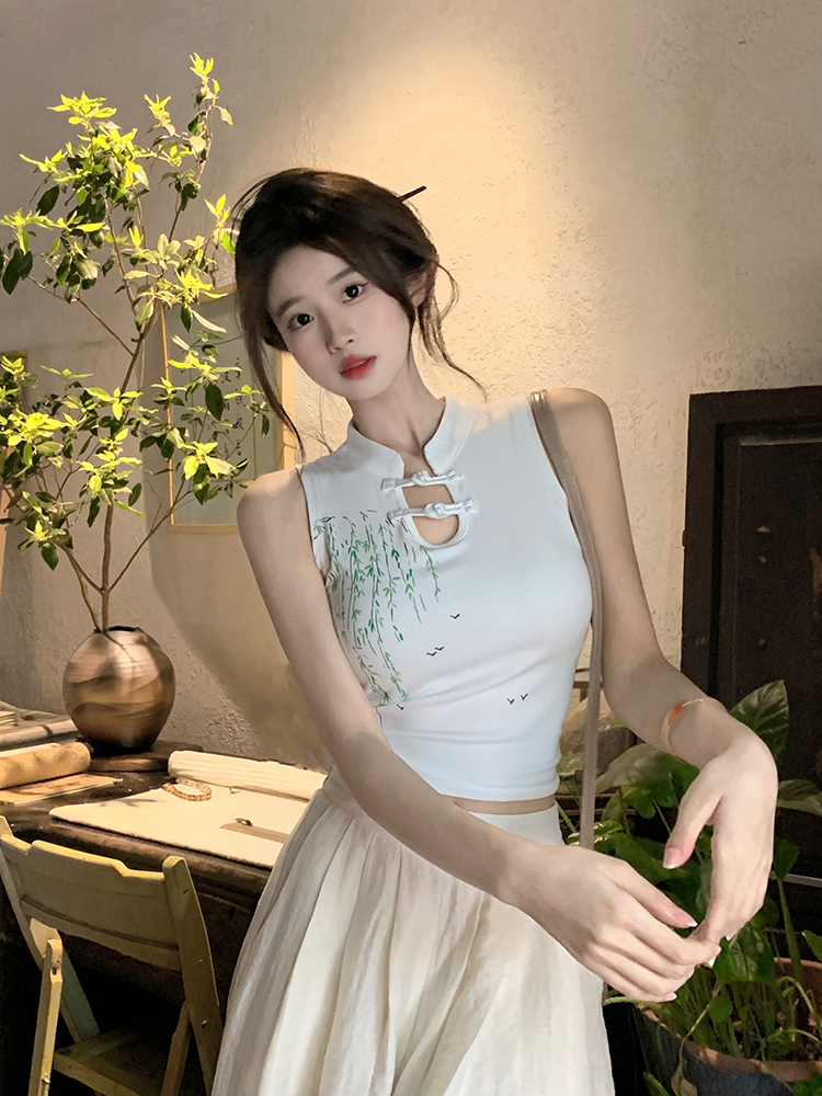 原創~實拍~修身顯瘦國風無袖盤扣印花背心女夏短上衣