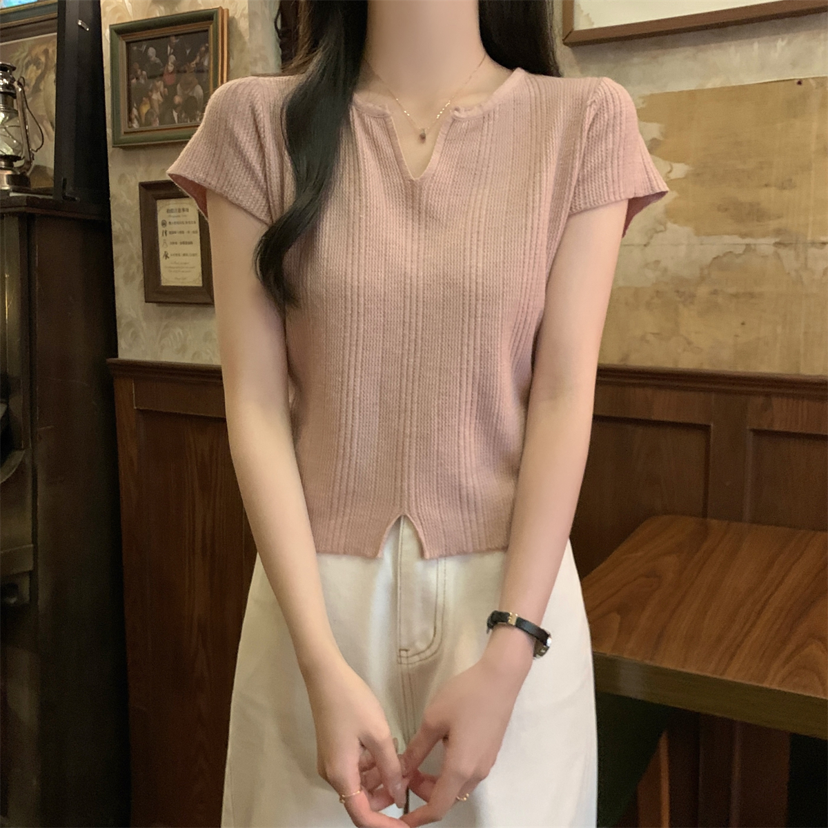 實拍 夏季韓版修身半開領開叉顯瘦設計感百搭針織短袖上衣女