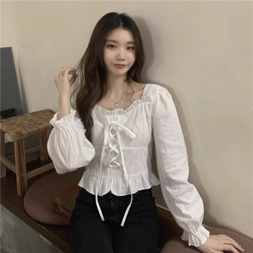 韩国chic法式方领系带长袖衬衫女早春设计感修身显瘦别致小衫上衣