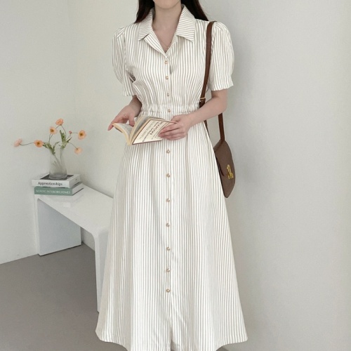 Korean French style single-breasted lapel striped short-sleeved elastic waist puff-sleeved shirt dress