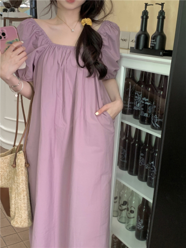 Actual shot~Super loose and lazy style cotton one-shoulder puff-sleeve long dress