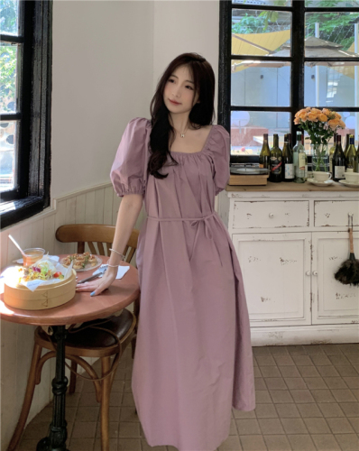 Actual shot~Super loose and lazy style cotton one-shoulder puff-sleeve long dress