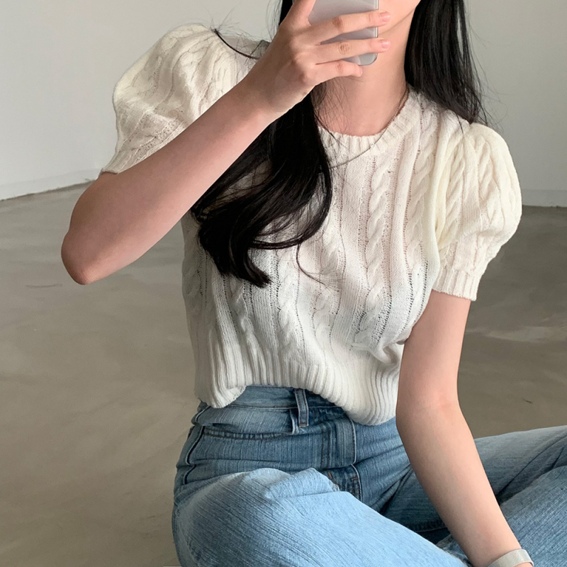 Korean design button puff sleeve retro twist short-sleeved knitted top for women