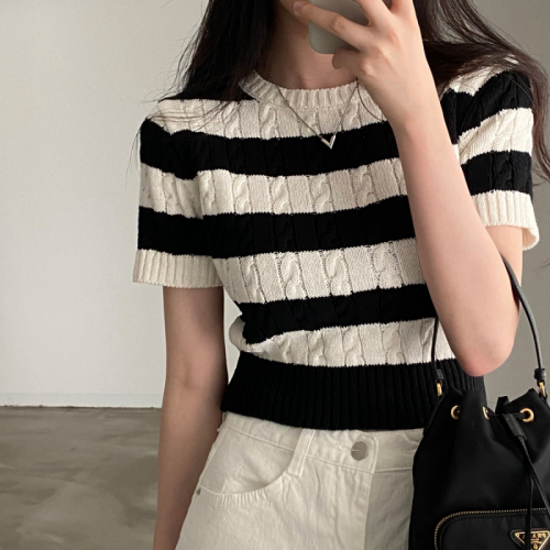 Real price Korean chic retro twist thin knitted contrast striped short-sleeved top for women
