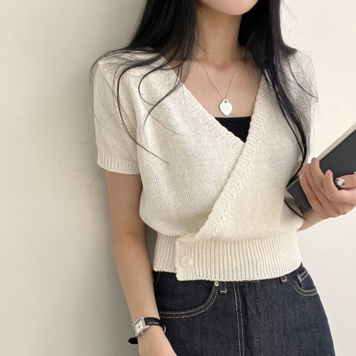 Real price Korean chic versatile V-neck crossover short-sleeved knitted top for women