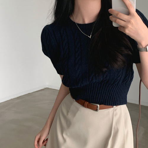 Korean design button puff sleeve retro twist short-sleeved knitted top for women