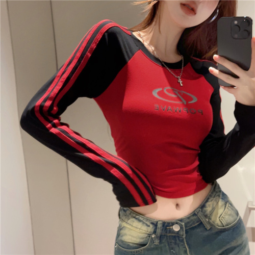 ~American retro basic model slim elastic contrast raglan all-match tight long-sleeved bottoming shirt T-shirt