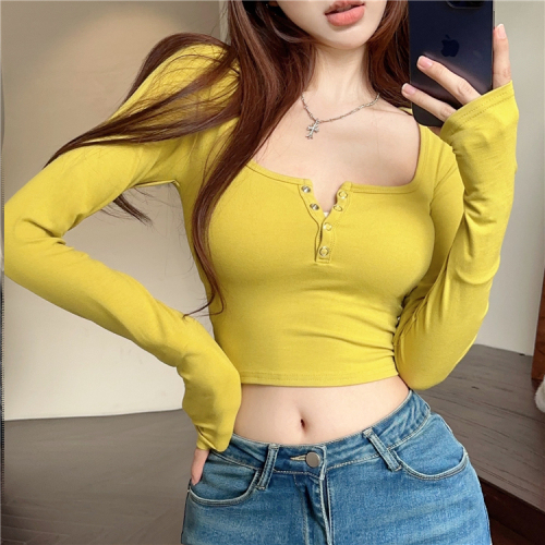 ~ Pure desire U-neck right shoulder long-sleeved T-shirt women's short style inner fit button-down shirt hot girl top