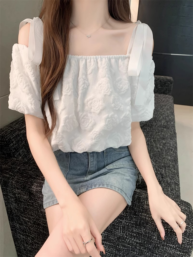 一字肩吊帶泡泡袖上衣女設計感小眾夏季法式復古溫柔鎖骨漂亮襯衫