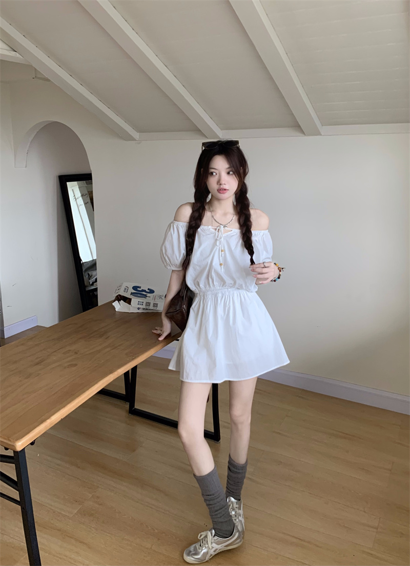 Real shot~Small age-reducing summer new style lace-up one-shoulder top + elastic waist skirt two-piece set