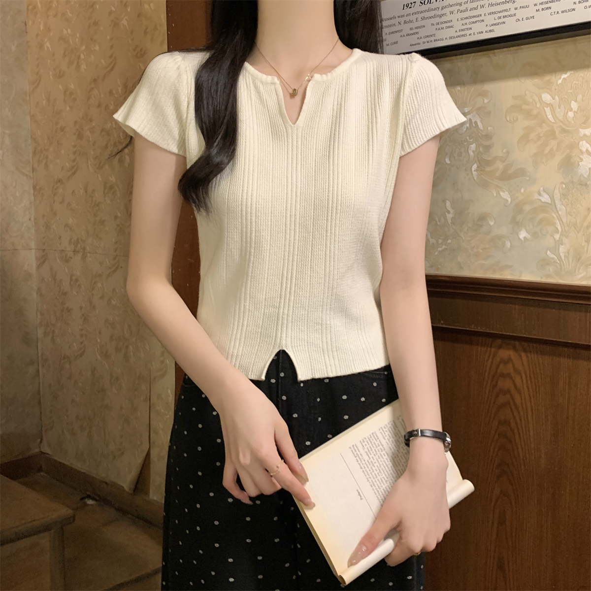 實拍 夏季韓版半開領純色坑條高級設計感百搭針織短袖上衣女