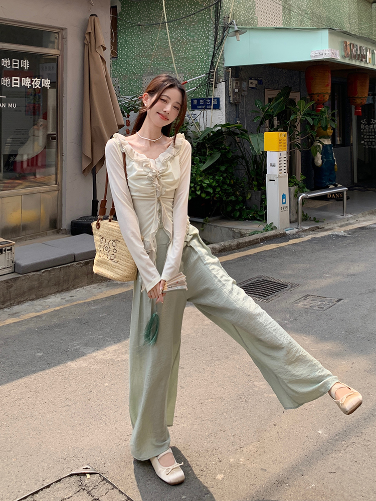實拍  仙女風設計鬆弛感套裝氣質開衫顯瘦吊帶休閒闊腿褲