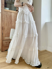Photographed White Vacation Style Elastic Waist Cake Dress Half Body Skirt Tallens and Slims
