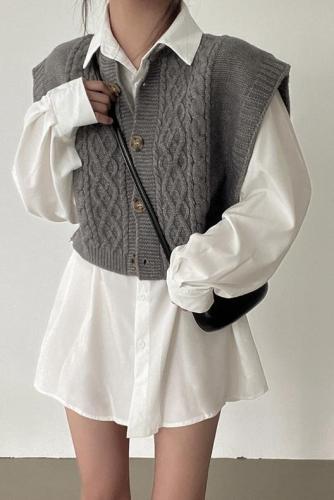 Korean chic autumn retro twist sleeveless waistcoat design button sweater vest for women