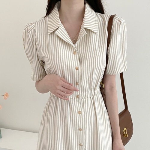 Korean French style single-breasted lapel striped short-sleeved elastic waist puff-sleeved shirt dress