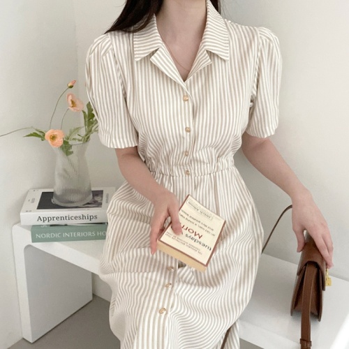 Korean French style single-breasted lapel striped short-sleeved elastic waist puff-sleeved shirt dress