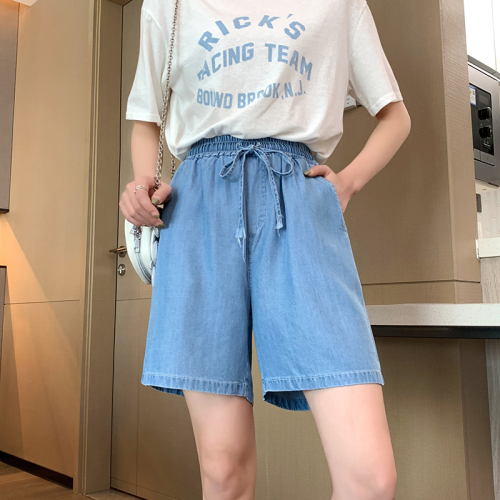 Real shot of Tencel jeans Lyocell thin women's summer loose tight high-waist straight drape five-point wide-leg pants