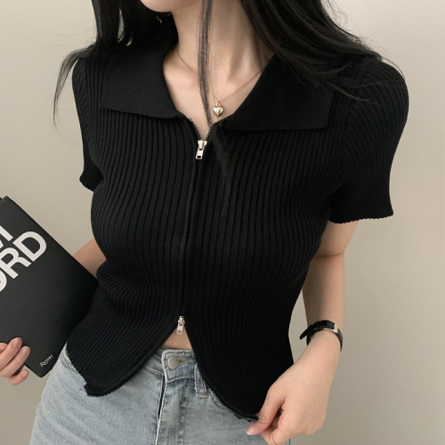 Real price Korean chic double zipper lapel slimming short-sleeved knitted top for women