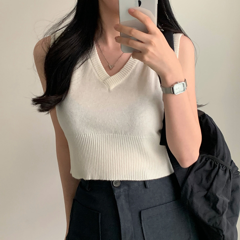 Real price Korean chic versatile solid color V-neck sleeveless vest soft waxy short layered vest top for women