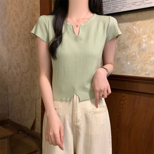 实拍 夏季韩版半开领纯色坑条高级设计感百搭针织短袖上衣女