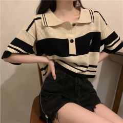實拍 夏季復古polo領針織拼接條紋寬鬆上衣女