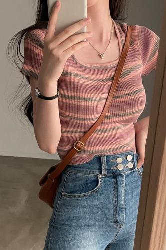 Real price Korean chic versatile gradient color square neck short-sleeved knitted top for women