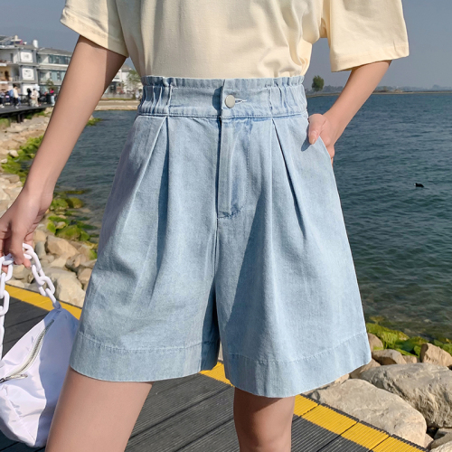 Real shot of denim shorts, women's trendy ins summer new style, versatile, loose, high-waisted, slim, straight, wide-leg, five-point pants
