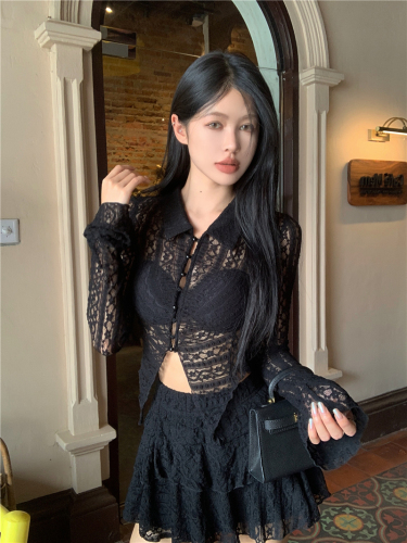 实拍 韩系chic氛围感套装纯欲蕾丝衬衫百褶蛋糕裙两件套
