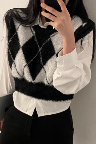 Korean chic autumn new style layered mink sweater vest rhombus contrasting color knitted vest for women