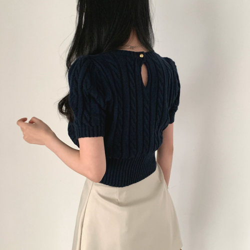 Korean design button puff sleeve retro twist short-sleeved knitted top for women