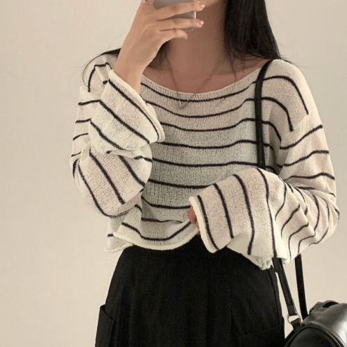 Real shot of large size one-line collar lazy casual striped long-sleeved sun protection blouse fat mm thin ice silk top