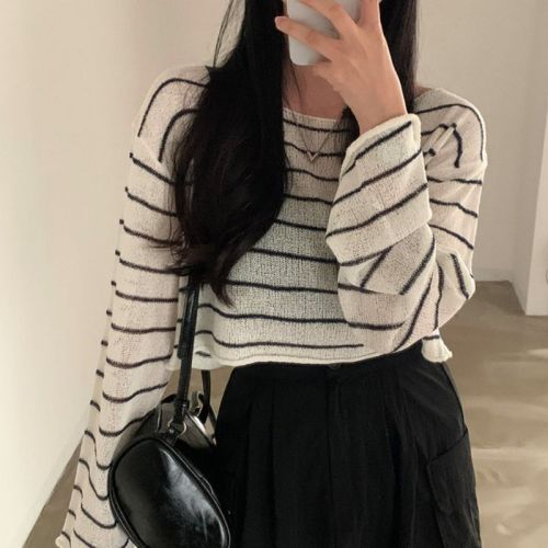 Real shot of large size one-line collar lazy casual striped long-sleeved sun protection blouse fat mm thin ice silk top