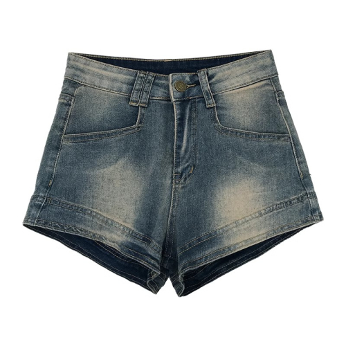 American retro hottie high-waisted denim shorts for women in summer new style washed and distressed slimming versatile hip-covering hot pants trendy